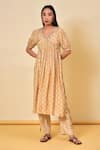 Buy_NUHH_Beige Muslin Printed Striped V Neck Floral Anarkali And Pant Set  _at_Aza_Fashions