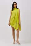 Buy_Nidzign Couture_Yellow Cotton Satin Plain Asymmetric Pleated Dress_at_Aza_Fashions