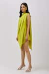 Nidzign Couture_Yellow Cotton Satin Plain Asymmetric Pleated Dress_Online_at_Aza_Fashions