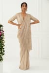 Buy_Nidhika Shekhar_Beige Crepe Embroidery V Neck Sequin Pre-draped Saree With Blouse _at_Aza_Fashions