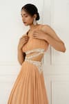 Buy_Nidhika Shekhar_Pink Georgette Embroidery V Neck Halter Gown _Online_at_Aza_Fashions