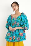 Shop_Nikasha_Blue 100% Cotton Hand Painted Chintz Motif V Neck Dress _Online_at_Aza_Fashions