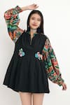 Buy_Nikasha_Black 100% Cotton Wave Motifs Notched Puff Sleeve Dress _Online_at_Aza_Fashions