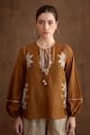 Shop_Nikasha_Brown Cotton Silk Embroidered Beads And Applique Work Keyhole Round Neck Top _Online_at_Aza_Fashions