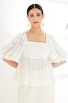 Nikasha_Ivory 100% Cotton Embroidery Mirror Square Neck Top _at_Aza_Fashions