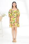 Nikasha_Yellow Cotton Poplin Banana, Fruit Square Neck Bubble Sleeve Hand Painted Dress _Online_at_Aza_Fashions