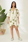 Shop_Nikasha_Off White Cotton Silk Banana Tree V Neck Hand Painted Dress _Online_at_Aza_Fashions