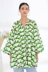 Nikasha_Off White Cotton Poplin Leaf Print And Running Stitch, Parakeet Band Shirt Dress _Online_at_Aza_Fashions