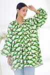 Buy_Nikasha_Off White Cotton Poplin Leaf Print And Running Stitch, Parakeet Band Shirt Dress _Online_at_Aza_Fashions