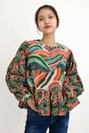 Buy_Nikasha_Multi Color Silk Lining 100% Hand Painted Wave Motifs Crew Top _at_Aza_Fashions