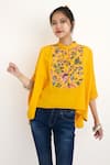 Buy_Nikasha_Yellow 100% Cotton Hand Painted Floral Motifs Print Top _at_Aza_Fashions