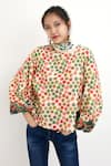 Buy_Nikasha_Beige 100% Cotton Printed Polka Dots Andwave Motifs Crew Neck Puff Sleeve Top _at_Aza_Fashions