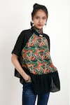 Buy_Nikasha_Black 100% Silk Lining 100% Cotton Hand Painted Wave Motifs Crew Frill Top _at_Aza_Fashions