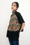 Nikasha_Black 100% Silk Lining 100% Cotton Hand Painted Wave Motifs Crew Frill Top _Online_at_Aza_Fashions