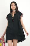 Buy_Nikasha_Black Printed Polka Dot V Neck Cotton Silk Frill Tunic _at_Aza_Fashions