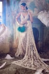 Nitika Gujral_Cream Saree And Blouse Net Embroidered Bead Leaf Neck Abstract With  _at_Aza_Fashions