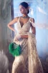 Buy_Nitika Gujral_Cream Saree And Blouse Net Embroidered Bead Leaf Neck Abstract With  