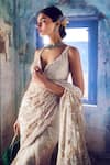 Shop_Nitika Gujral_Cream Saree And Blouse Net Embroidered Bead Leaf Neck Abstract With  