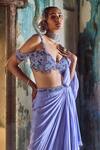 Shop_Nitika Gujral_Purple Saree Georgette And Blouse Net Embroidered Resham Lilac Draped & Bustier _Online_at_Aza_Fashions