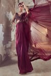 Nitika Gujral_Maroon Saree Satin Embroidered Bead Plunge V Draped With Neck Blouse _at_Aza_Fashions