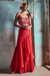 Shop_Nitika Gujral_Red Saree Georgette And Blouse Net Embroidered Bead Sweetheart Neck Draped With _Online_at_Aza_Fashions