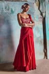 Nitika Gujral_Red Saree Georgette And Blouse Net Embroidered Bead Sweetheart Neck Draped With _at_Aza_Fashions