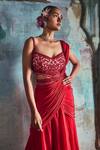 Buy_Nitika Gujral_Red Saree Georgette And Blouse Net Embroidered Bead Sweetheart Neck Draped With 