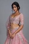 Shop_Anushree Reddy_Pink Net Leaf Neck Embroidered Bridal Lehenga Set  _at_Aza_Fashions