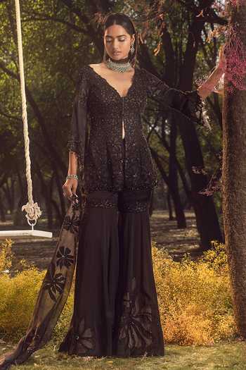 Buy_Nitika Gujral_Black Organza, Satin Sequins, Crystals, Flower Embroidered Kurta Gharara Set _Online_at_Aza_Fashions
