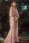 Buy_Nitika Gujral_Peach Cape Embroidered Sequin Cape: Round And Crystal Skirt & Veil Set For Women_Online_at_Aza_Fashions