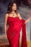 Nitika Gujral_Red Saree And Blouse Pure Satin Embroidery Flower Cut Work Set  _Online_at_Aza_Fashions