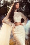 Buy_Nitika Gujral_Ivory Blouse And Skirt Net Embroidered Sequin Crystal & & Veil Set _Online_at_Aza_Fashions