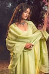 Buy_Nitika Gujral_Green Anarkali Georgette Satin Autumn Leaves Pattern Set _Online_at_Aza_Fashions