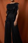 Buy_Namrata Joshipura_Black Lurex Satin Ruffle Jumpsuit_Online_at_Aza_Fashions