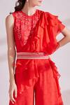 Namrata Joshipura_Red Viscose Georgette Round Bandhej Print Frill Jumpsuit _at_Aza_Fashions