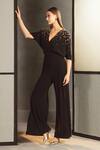 Namrata Joshipura_Black Jersey Embroidery V Neck Overlap Jumpsuit _Online_at_Aza_Fashions