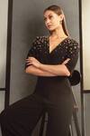 Shop_Namrata Joshipura_Black Jersey Embroidery V Neck Overlap Jumpsuit _Online_at_Aza_Fashions