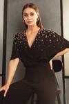 Namrata Joshipura_Black Jersey Embroidery V Neck Overlap Jumpsuit _at_Aza_Fashions