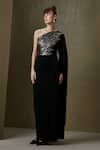 Namrata Joshipura_Black Jersey Leaves Motif One Shoulder Gown _Online_at_Aza_Fashions