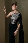 Namrata Joshipura_Black Jersey Leaves Motif One Shoulder Gown _at_Aza_Fashions