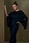 Buy_Namrata Joshipura_Blue Jersey Embellishment And Bugle Trinity Cape Jumpsuit _Online_at_Aza_Fashions