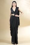 Buy_Neha Khullar_Black Chiffon V Neck Pre-draped Saree With Blouse _at_Aza_Fashions