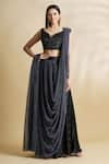 Buy_Neha Khullar_Black Satin Leaf Neck Pre-draped Skirt Saree With Blouse  _at_Aza_Fashions