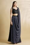 Neha Khullar_Black Satin Leaf Neck Pre-draped Skirt Saree With Blouse  _Online_at_Aza_Fashions