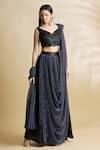 Buy_Neha Khullar_Black Satin Leaf Neck Pre-draped Skirt Saree With Blouse  _Online_at_Aza_Fashions