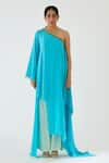 Nikasha_Blue 100% Viscose Crepe Coin Asymmetric One Shoulder Tunic And Pant Set _Online_at_Aza_Fashions
