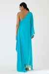 Shop_Nikasha_Blue 100% Viscose Crepe Coin Asymmetric One Shoulder Tunic And Pant Set _at_Aza_Fashions