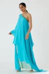 Buy_Nikasha_Blue 100% Viscose Crepe Coin Asymmetric One Shoulder Tunic And Pant Set _at_Aza_Fashions