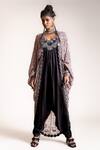 Buy_Nupur Kanoi_Black Jacket Crepe, Jumpsuit Satin Floral, Mirror, Beads, Peacock, With Gather_Online_at_Aza_Fashions