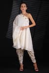 Buy_Nikasha_White Handwoven Cotton Jamdani Embroidery One Shoulder Tunic And Dhoti Pant Set _at_Aza_Fashions